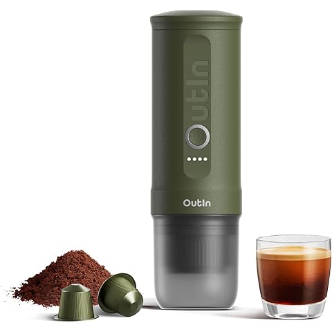 OutIn Nano Portable Electric Espresso Machine, Travel Coffee Maker for Camping, Car Coffee Maker Self-Heating with USB-C, With Ground Coffee & NS Capsule for RV, Hiking, Office