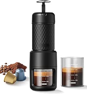 STARESSO Classic Portable Espresso Maker, 2 IN 1 Travel Coffee Maker Compatible Ground Coffee &amp; NS Original Pods, Espresso Machine with Stainless Steel Chamber for Travel Camping, Manually Operated