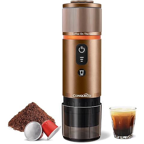 CONQUECO Portable Espresso Coffee Machine: 12V Electric Small Travel Expresso Maker - Self Heating 8 Cups Battery Powered Compatible for Nespresso Capsule - for Camping RV Hiking Office (Brown)