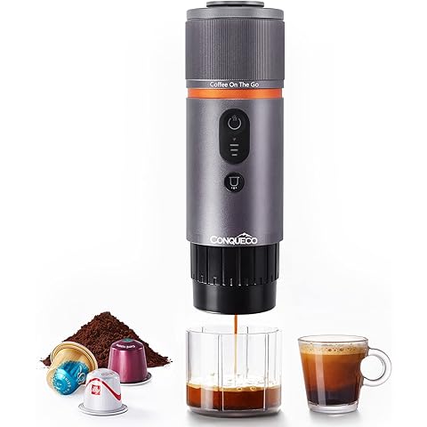 CONQUECO Portable Espresso Machine Travel: 12v Car Coffee Maker for Camping - Small Electric - 2.5 Mins Heating - 8 Cups Espresso for One Charge