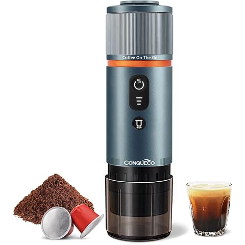 CONQUECO Portable Espresso Coffee Machine: 12V Electric Small Travel Expresso Maker - Self Heating 8 Cups Battery Powered Compatible for Nespresso Capsule - for Camping RV Hiking Office (Smoke Blue)