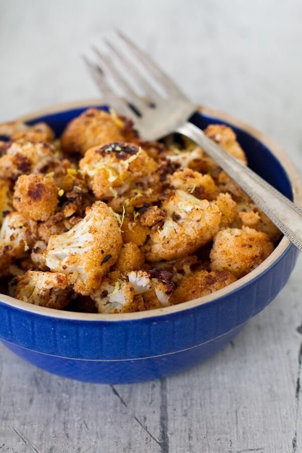 spiced roasted cauliflower in bowl