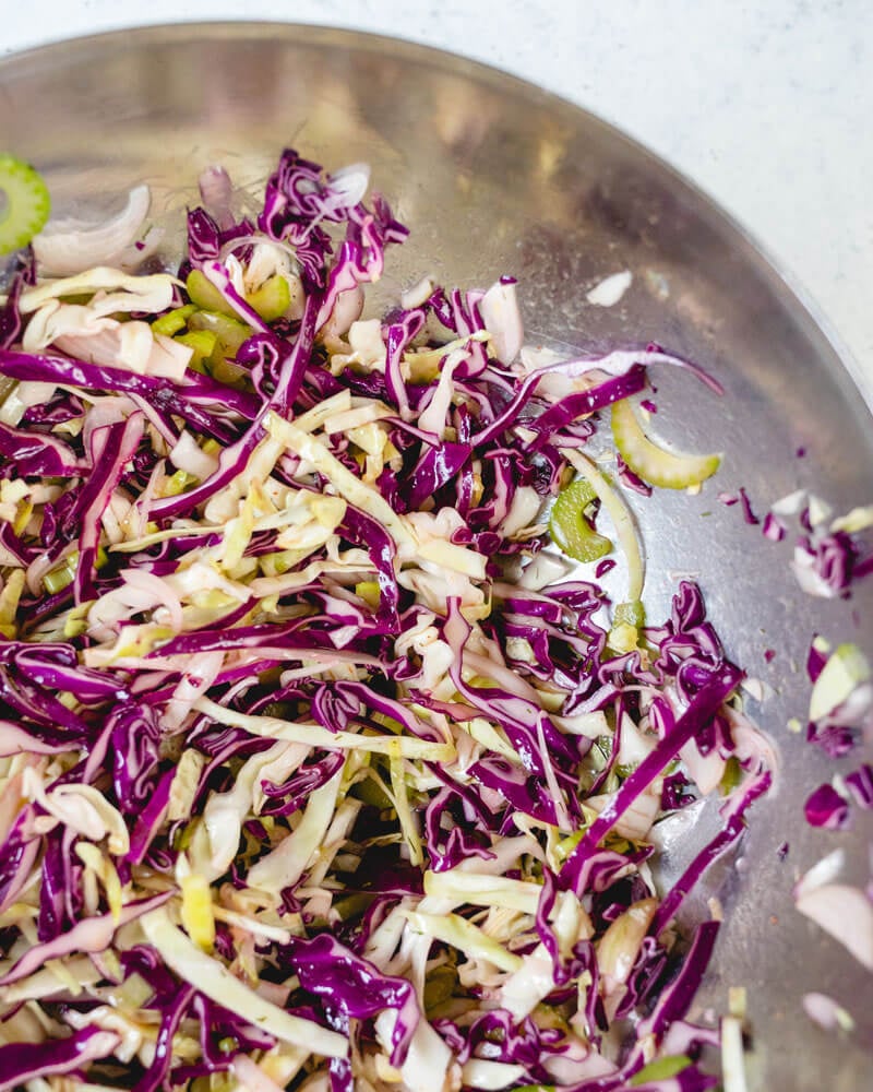 Vinegar coleslaw in metal bowl