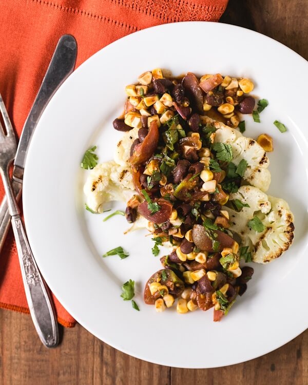 Vegan cauliflower steak with corn salsa