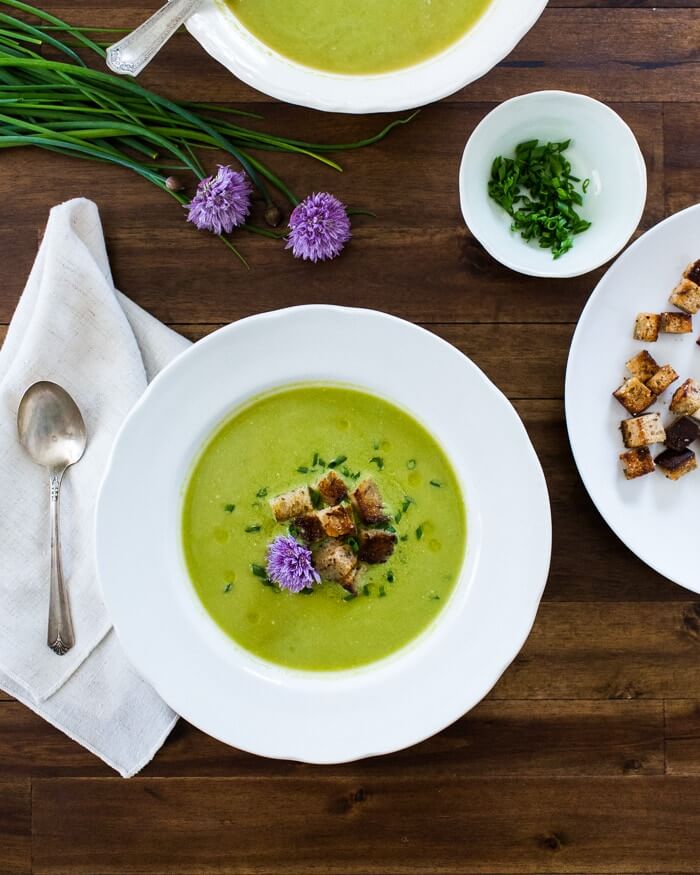 Green pea soup with chive flowers | Spring soup
