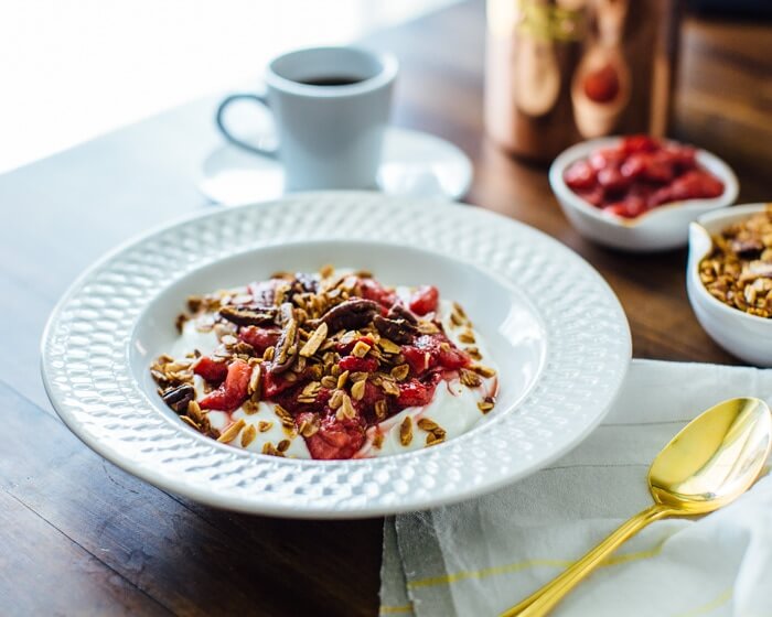 Roasted strawberries with breakfast parfait