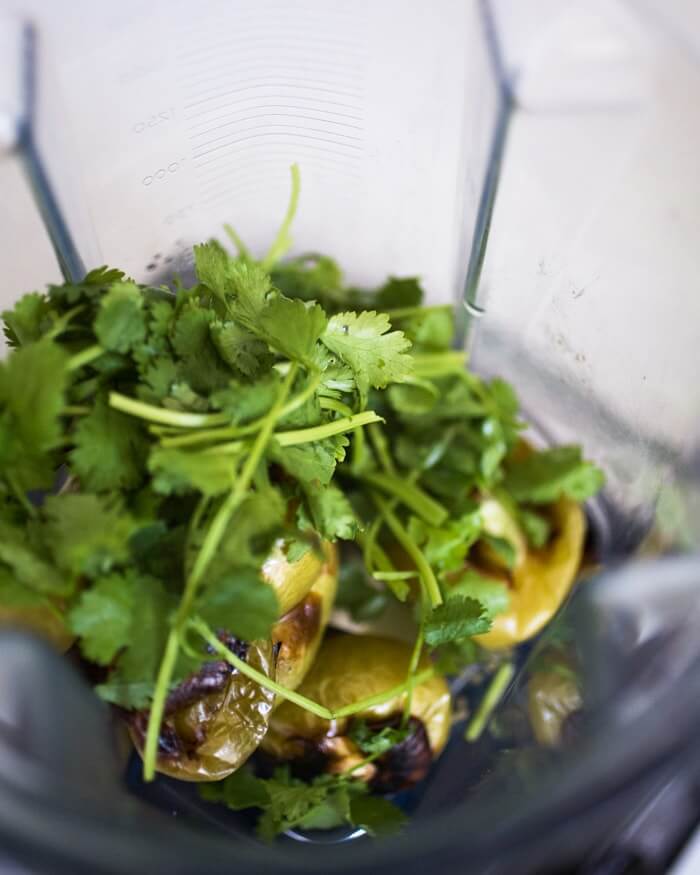 Blender with roasted tomatillo salsa