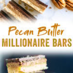 These pecan butter millionaire bars have 3 layers: shortbread, caramelized maple pecans, and chocolate! This easy vegan dessert recipe couldn't be tastier. #dessert #pecans #millionaire #bars #maple #vegan #chocolate #pecanbutter