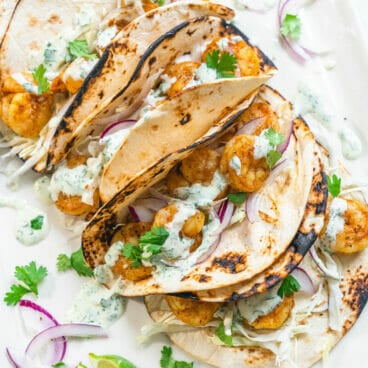 Shrimp tacos with cilantro sauce