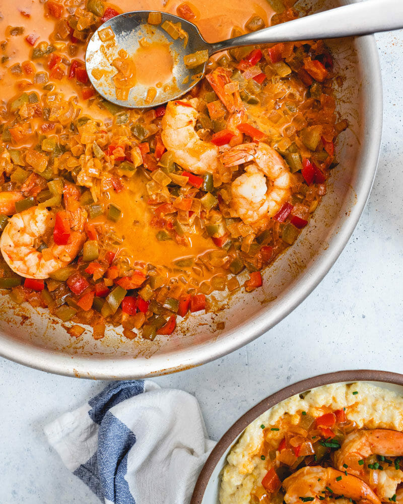 Shrimp and grits with Cajun holy trinity