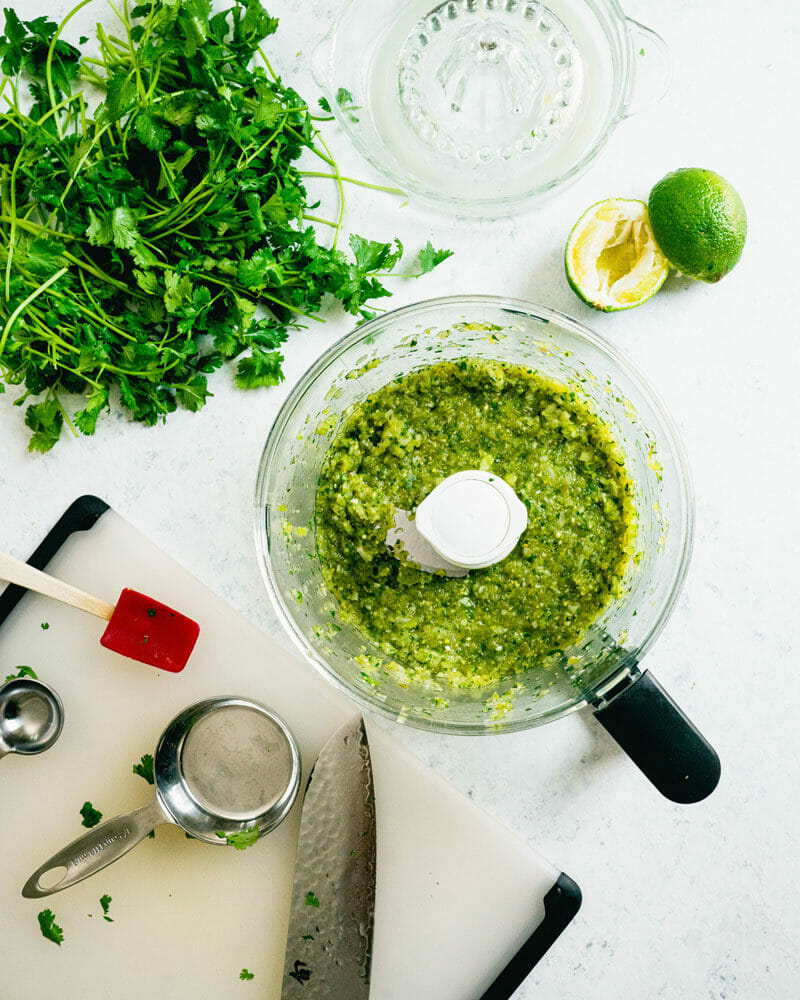 Food processor with green tomato salsa