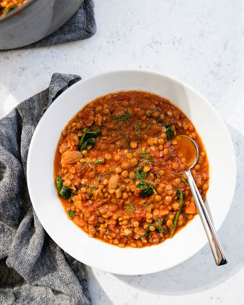Vegan lentil soup in bowl