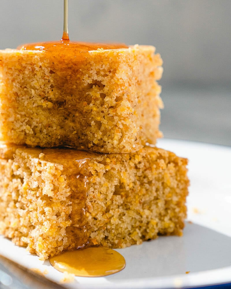 Closeup of cornbread with maple syrup