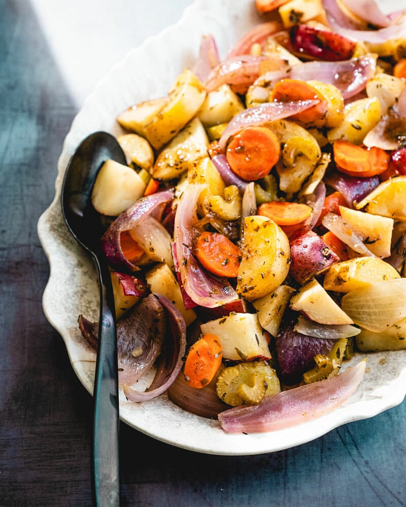 Braised vegetables on platter