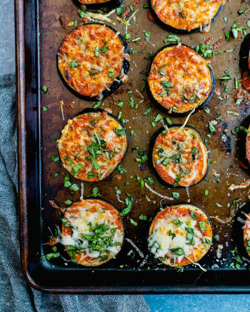 Eggplant pizza on baking sheet