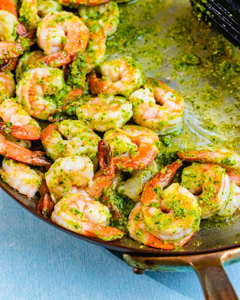 Pesto shrimp in skillet