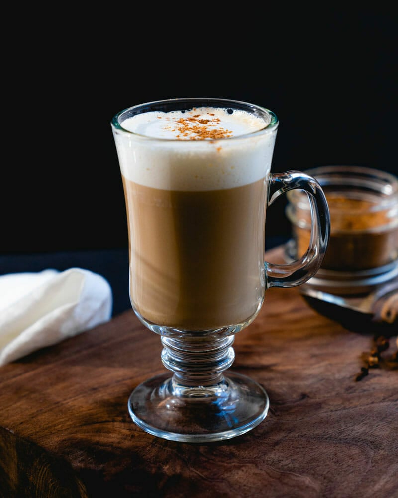 Dirty chai latte in glass.