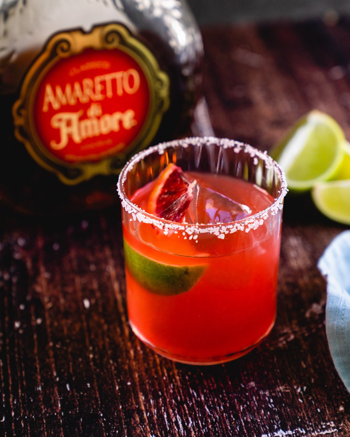 Italian Margarita in glass with salt rim and Amaretto.