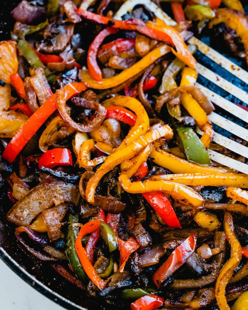 Fajita veggies in skillet.