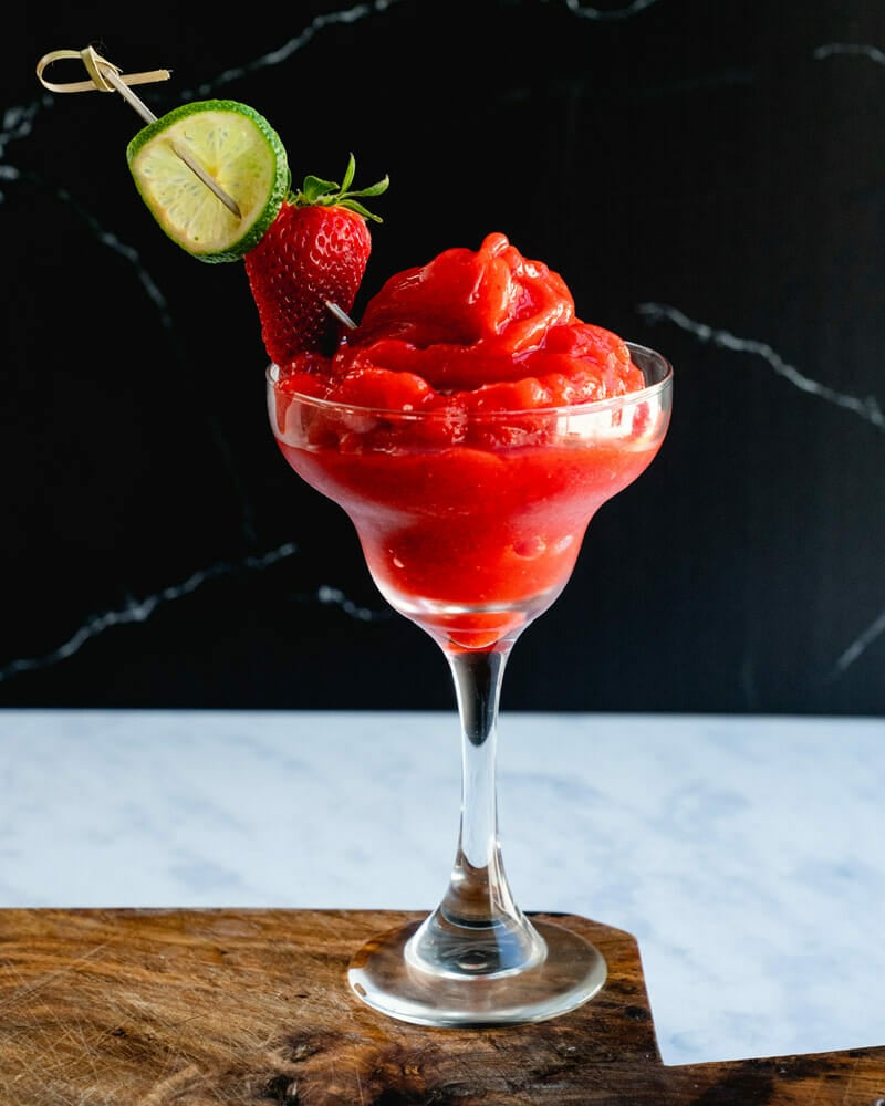 Virgin strawberry daiquiri in glass.
