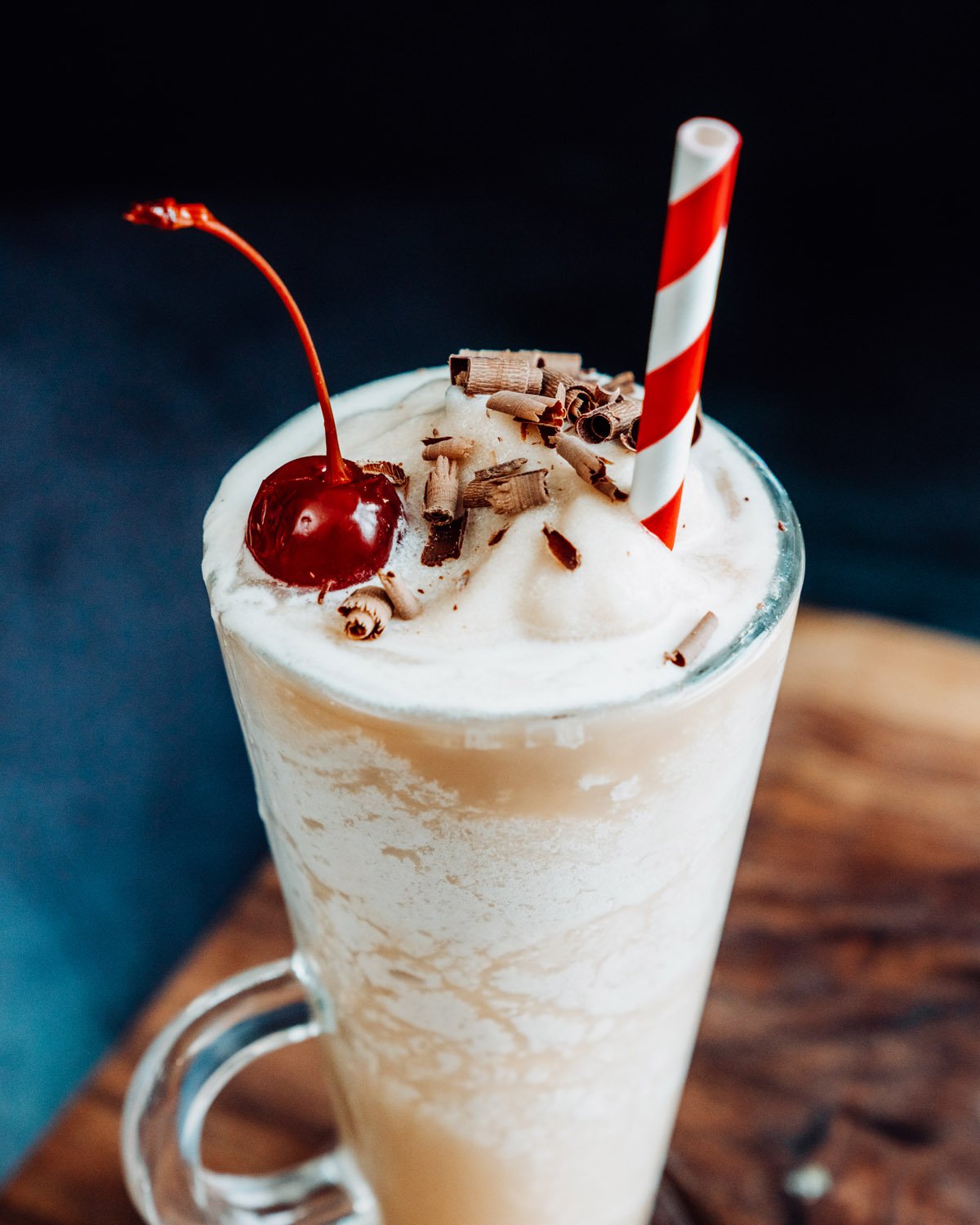 Bushwacker Drink in glass with chocolate shavings and cherry