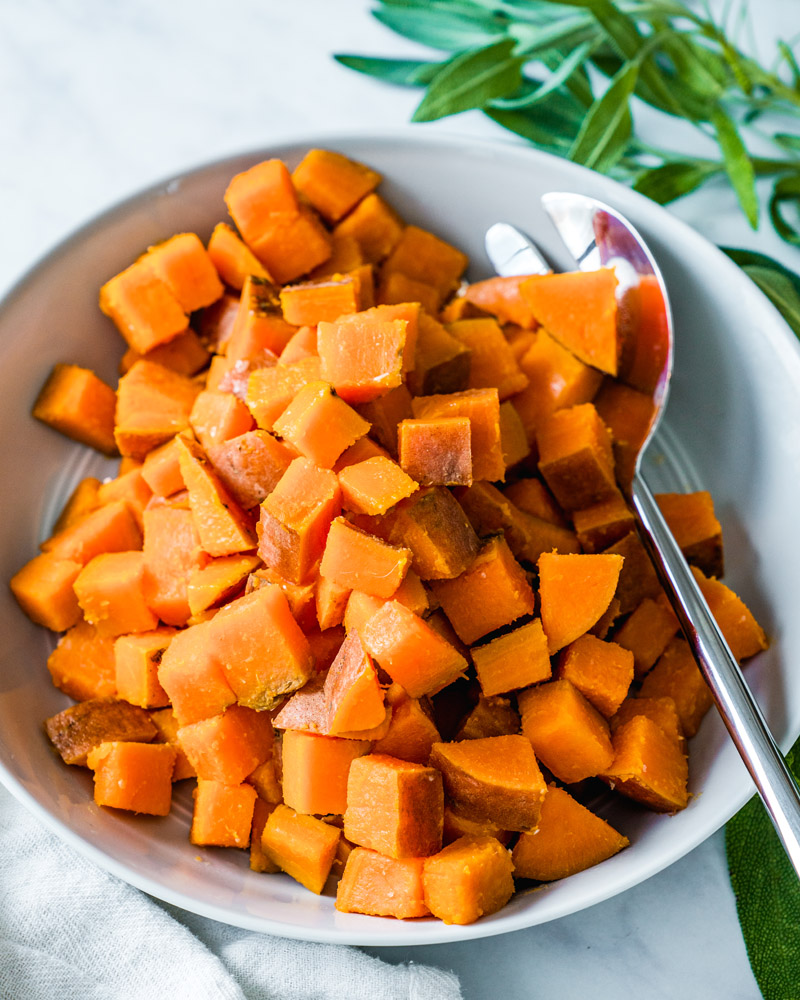 Boiling sweet potatoes, sweet potatoes in a bowl