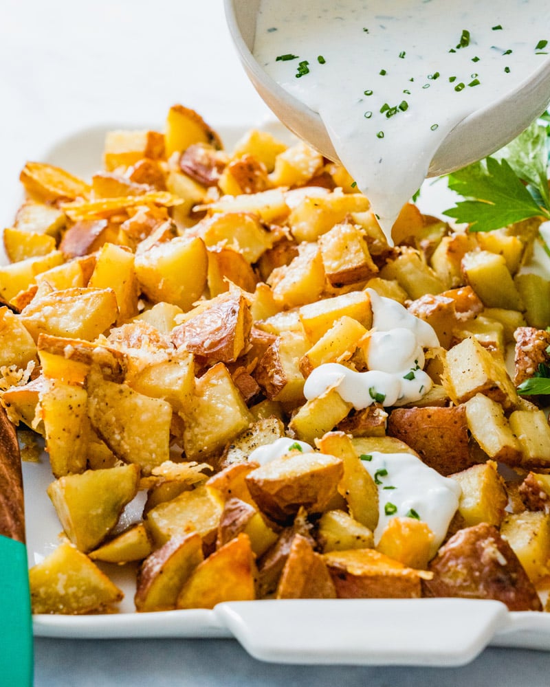 Roasted red potatoes with sour cream sauce
