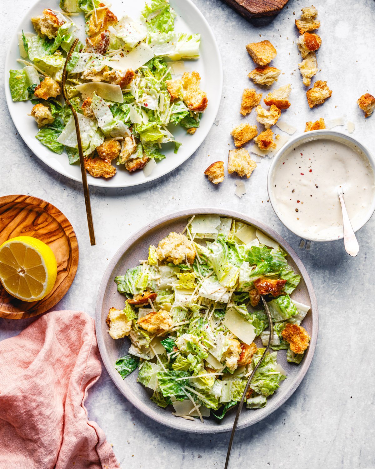 Caesar salad with Caesar dressing and coutrons.