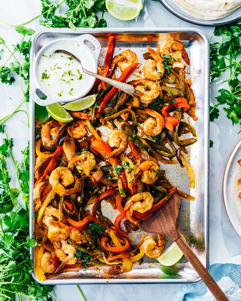 Sheet pan shrimp fajitas