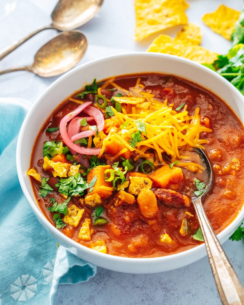 Pumpkin Chili in bowl with spoon