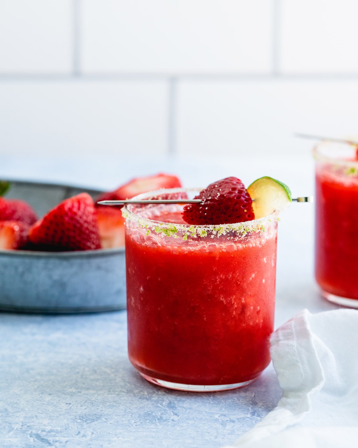 Strawberry cocktails: strawberry margarita in cocktail glass.
