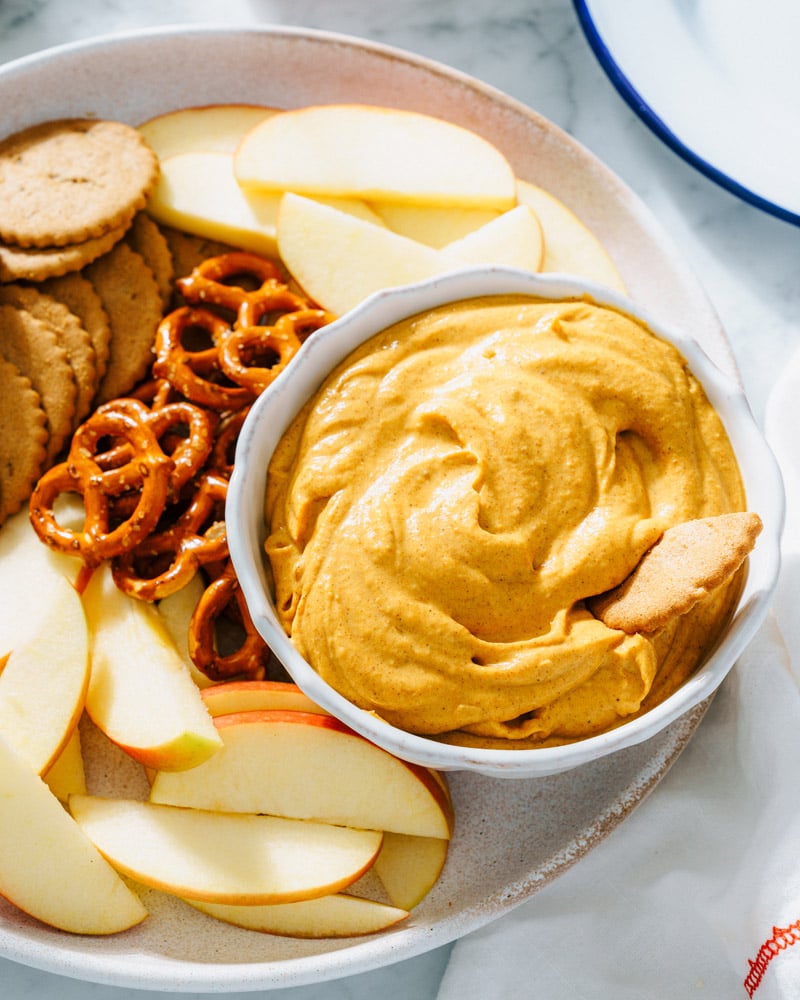 Pumpkin Dip with pretzels and apples