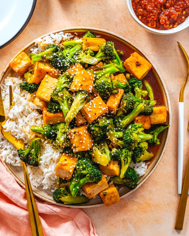 Tofu Broccoli Stir Fry with rice in bowl