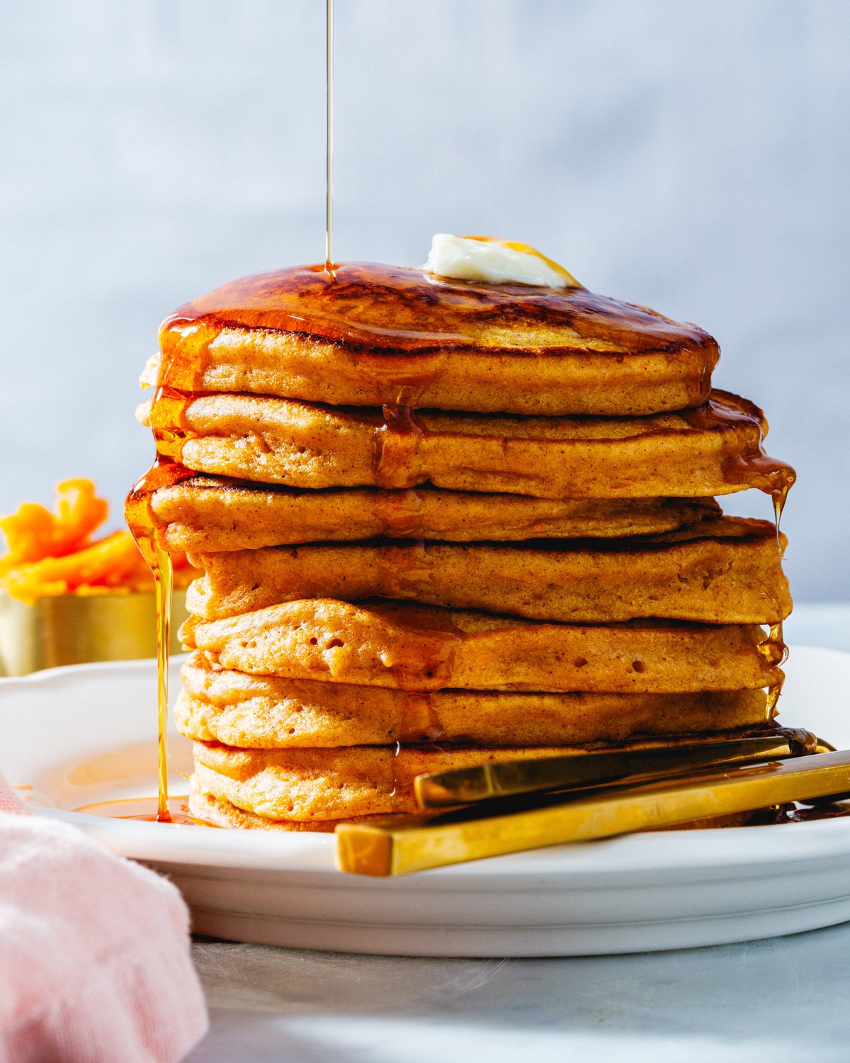 Sweet potato pancakes in stack