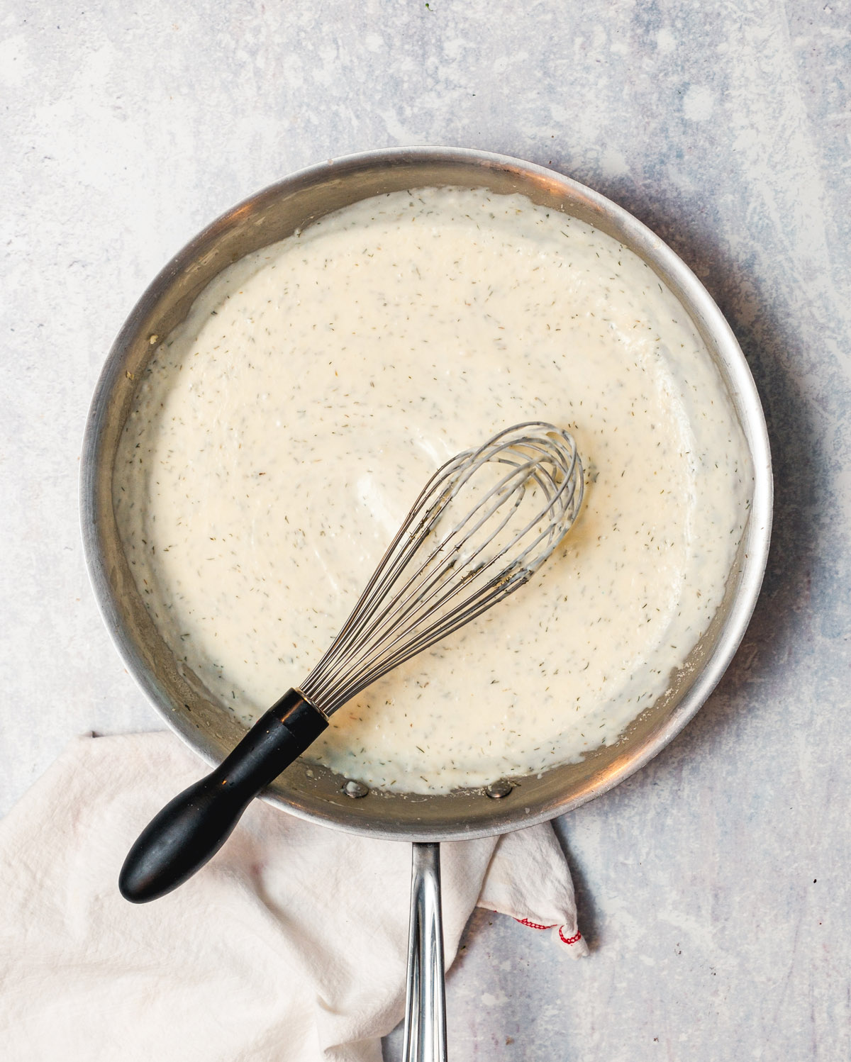 Shrimp Primavera Step 3: Cream sauce in skillet.