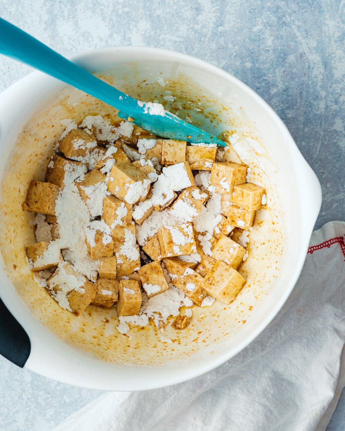 Step 2: Mix the tofu with seasonings and cornstarch.