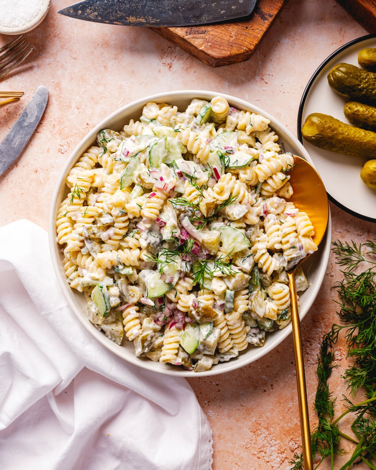 Dill Pickle Pasta Salad with dill pickles.