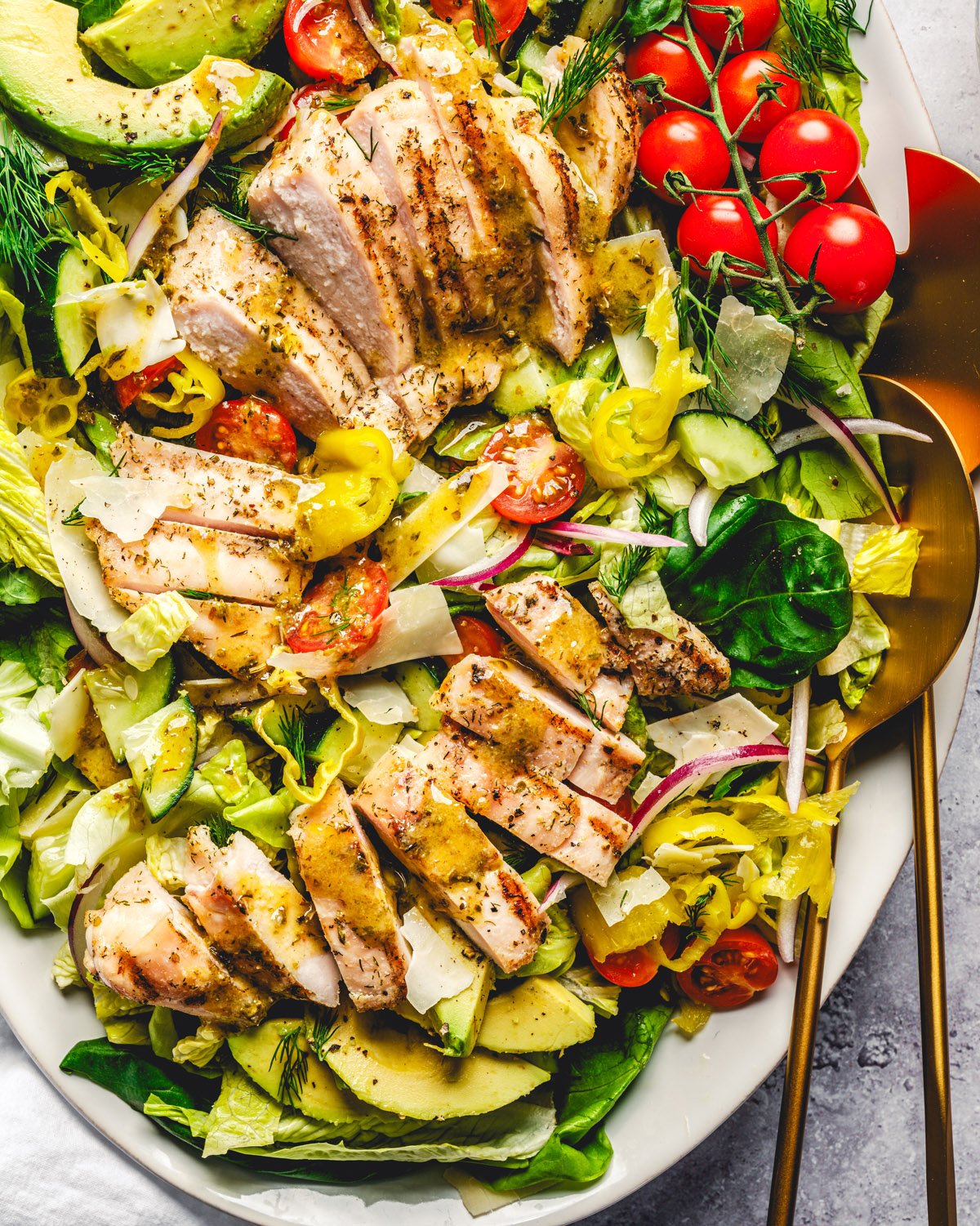 Memorial Day recipes: grilled chicken salad on platter.