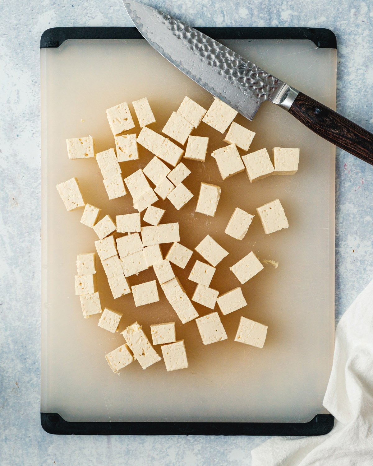 Step 1: Cut the tofu into chunks.