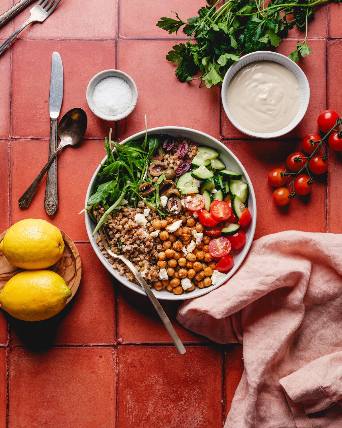 Farro Bowl with hummus dressing
