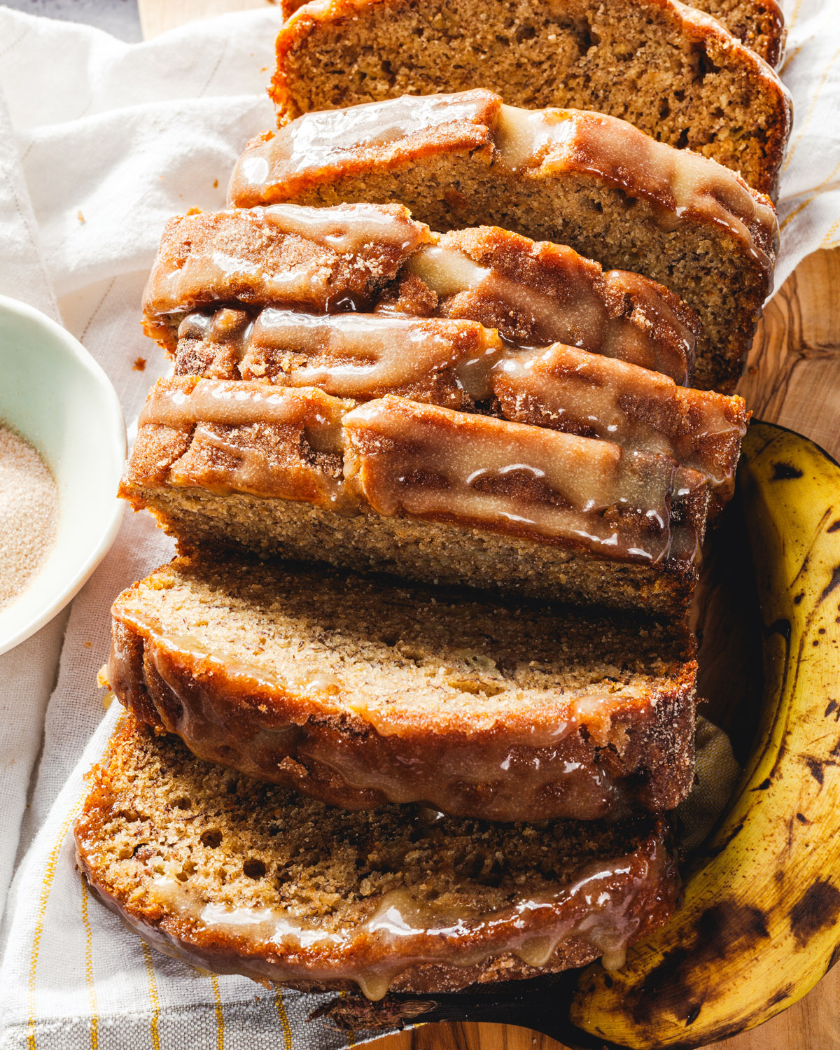 Brown Butter Banana Bread with salted caramel glaze