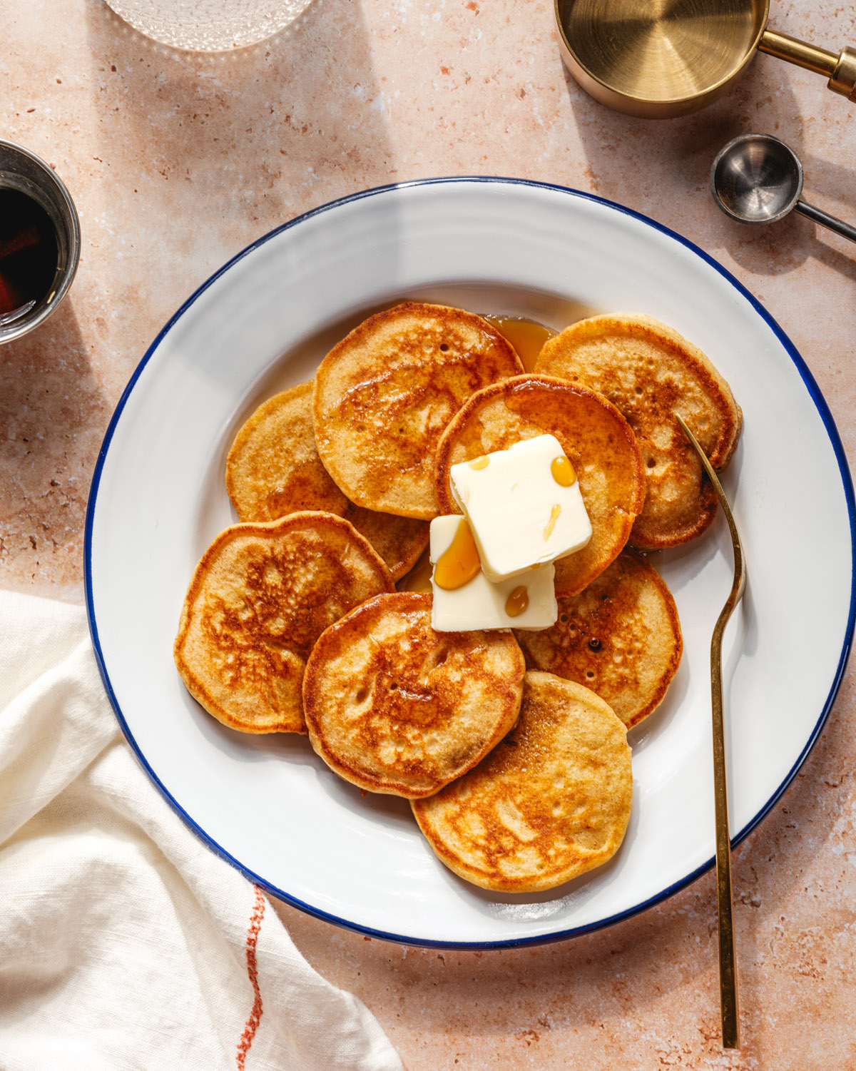 Silver Dollar Pancakes on plate with butter and syrup