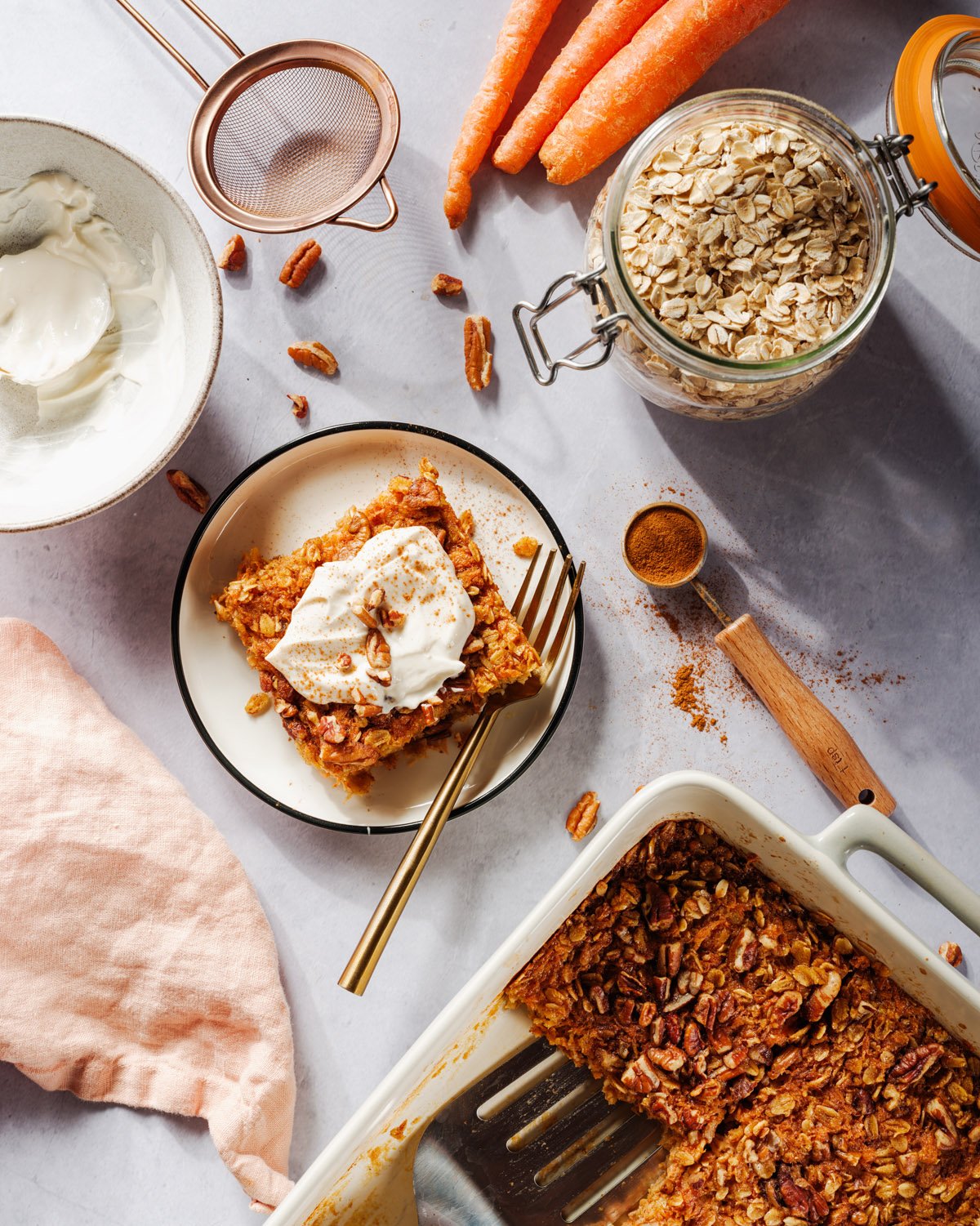 Carrot Cake Oatmeal with pan and carrots