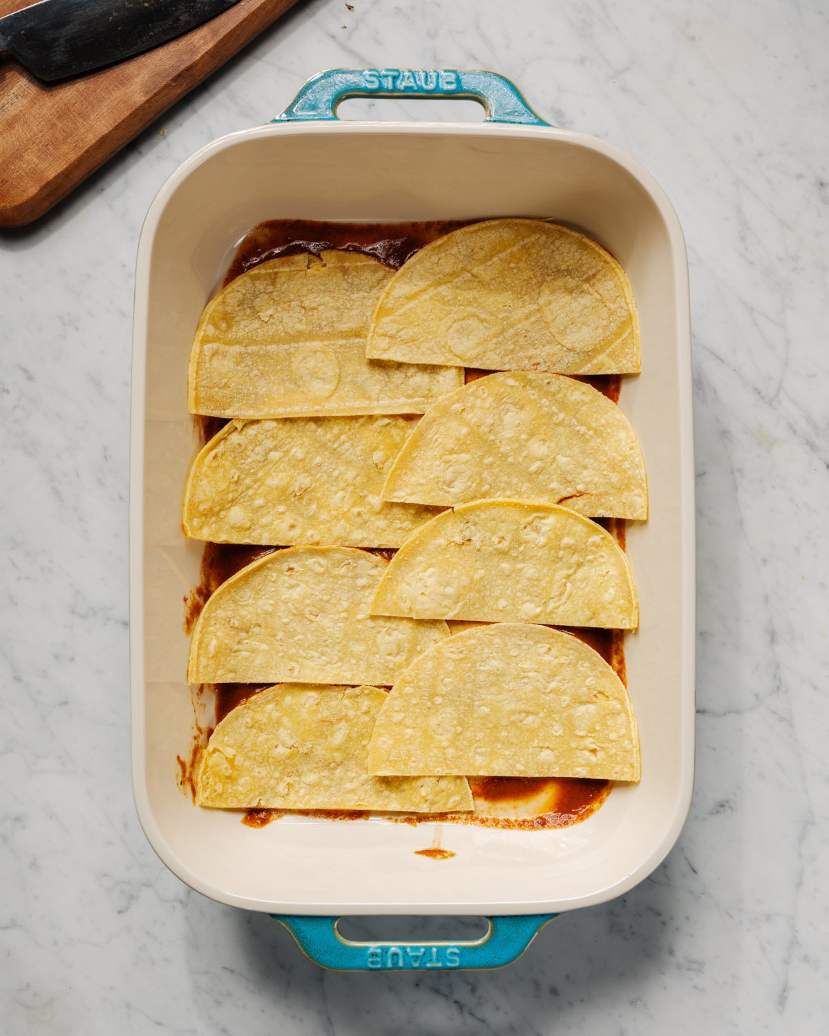 Enchilada Casserole: Layering the tortillas